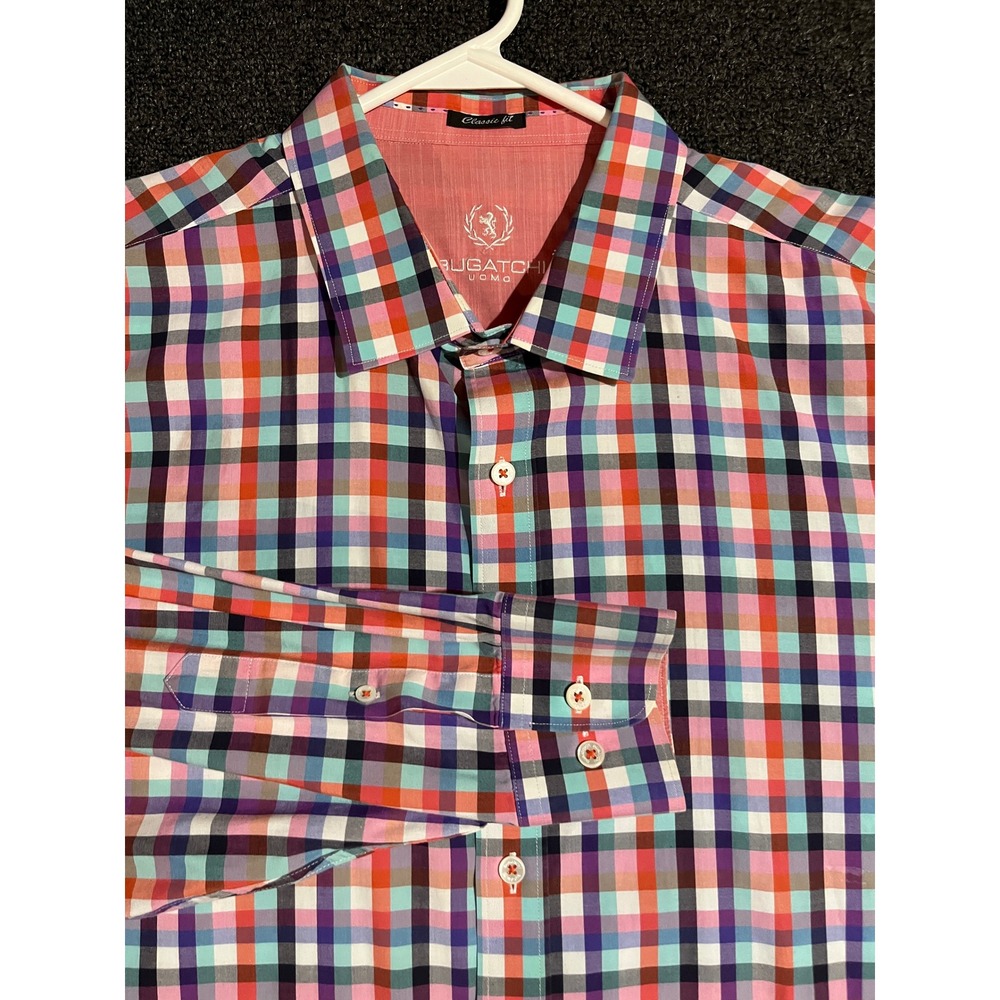 Bugatchi Uomo Mens Classic Fit Multicolor Plaid Long Sleeve Button Down Shirt L